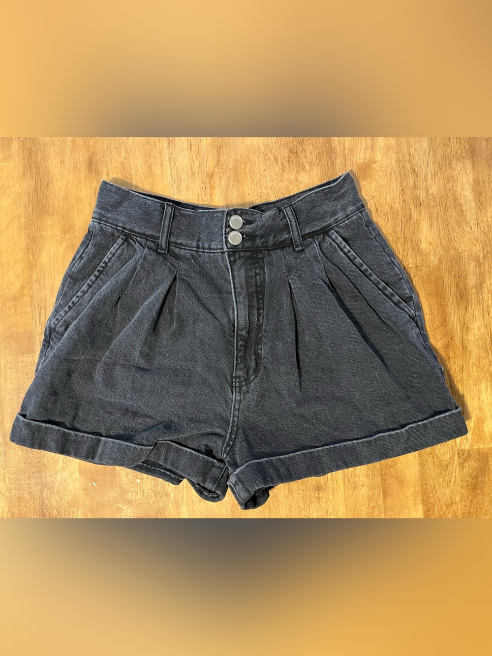 Forever 21 Faded Black Denim Pleated Mini Shorts